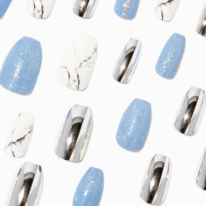 Faux ongles vegan ballerine couleur chrom&eacute;e et effet marbr&eacute; aux designs vari&eacute;s - Bleu, lot de 24,