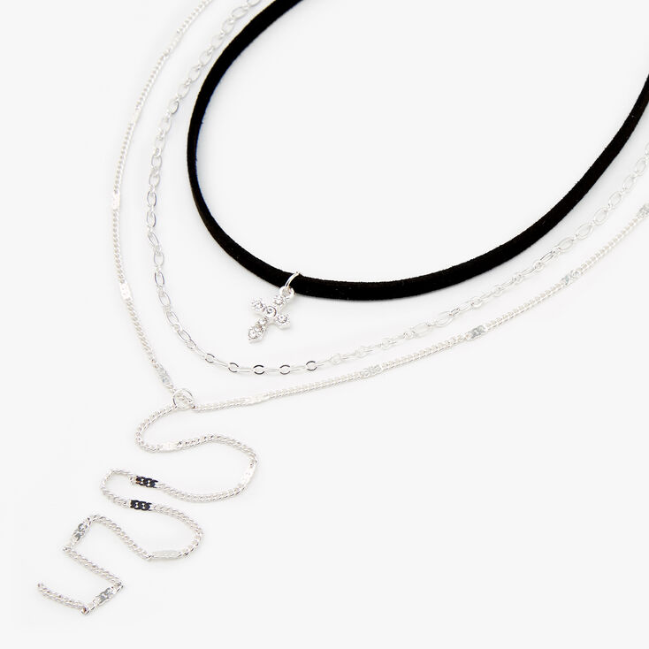 Claire's Collier multi-rangs ras-de-cou cordon croix couleur argentée - Noir