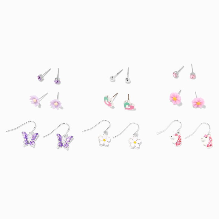 Boucles d&rsquo;oreilles papillon et fleurs couleur argent&eacute;e - Lot de 9,