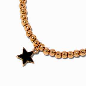 Black Enamel Star &amp; Gold-tone Beaded Stretch Bracelet,