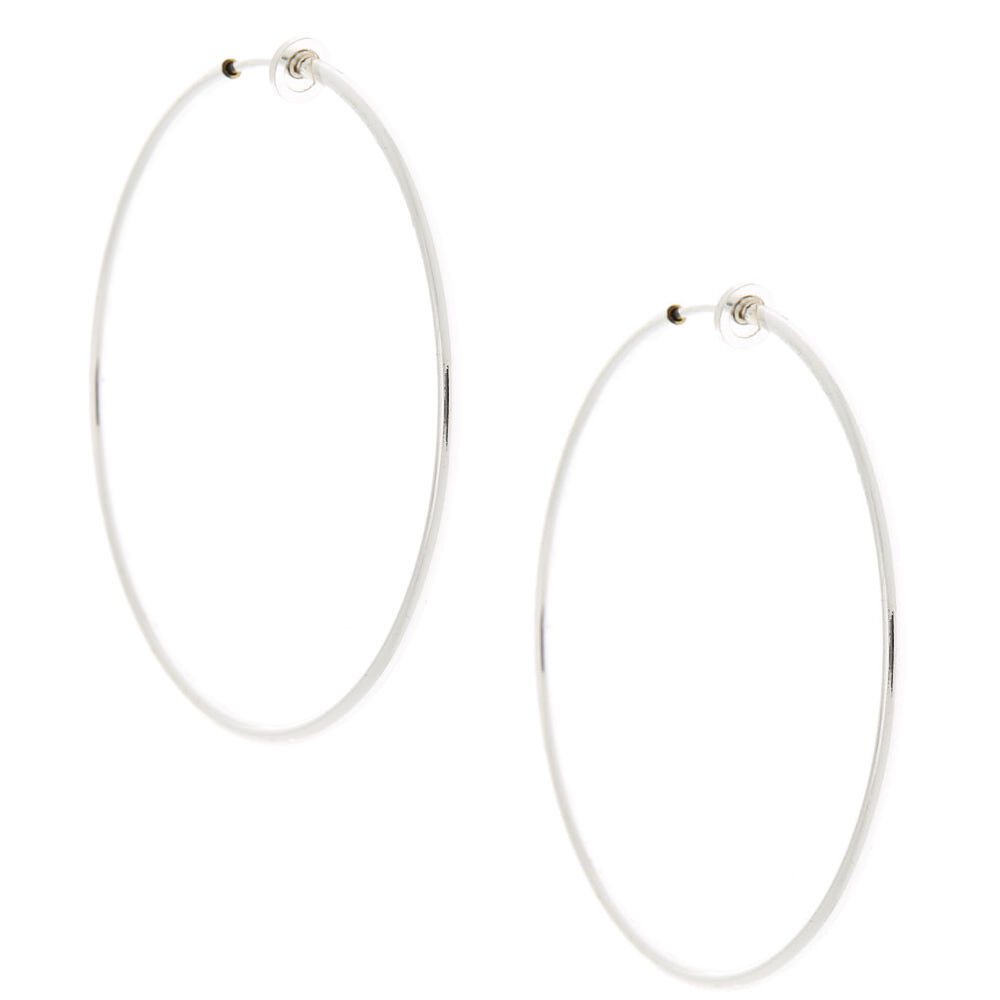 Silver 60MM Spring Clip Hoop Earrings,