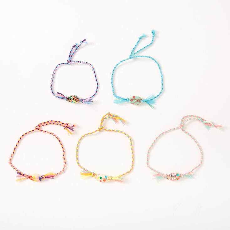 Painted Cowrie Shell Adjustable Braided Bracelets - 5 Pack,