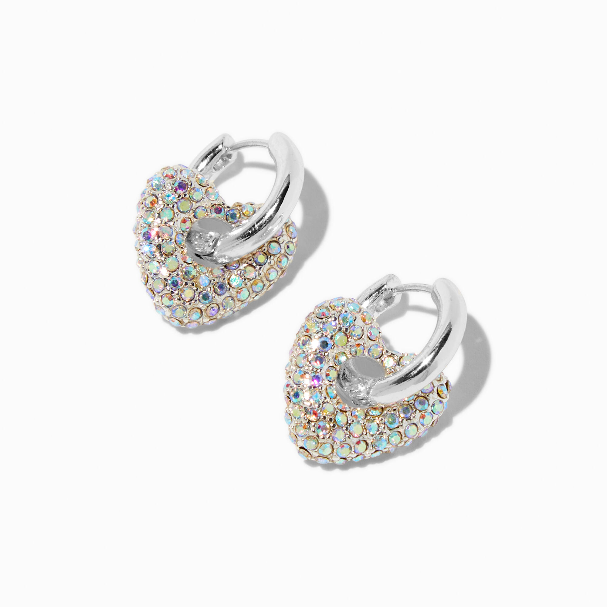 Créoles cœur bombé strass AB iridescent couleur argentée,