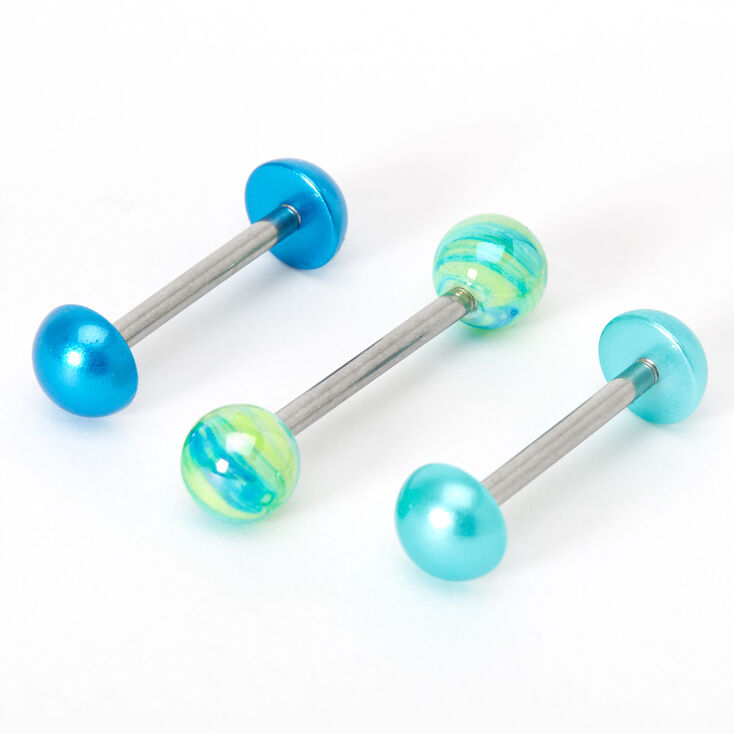 Blue &amp; Green 14G Barbell Tongue Rings - 3 Pack,