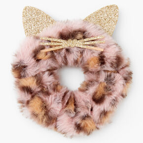 Medium Pink Faux Fur Leopard Hair Scrunchie,