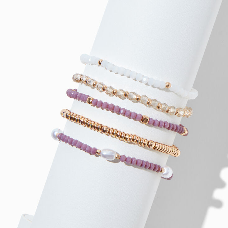 Mauve Gold-tone Beaded Stretch Bracelets - 5 Pack,