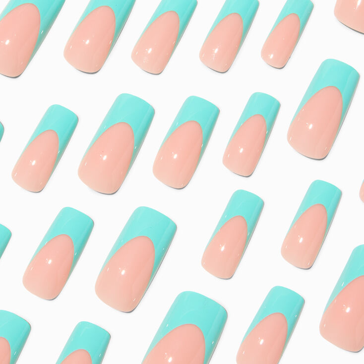 Light Blue French Tip Long Square Vegan Faux Nail Set - 24 Pack,