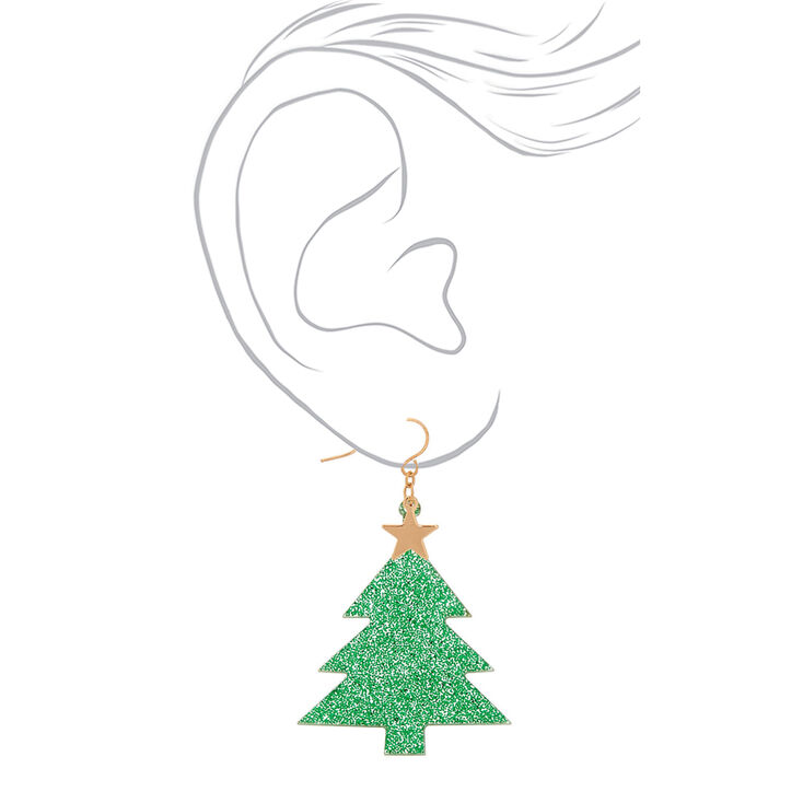 2&quot; Glitter Christmas Tree Drop Earrings - Green,