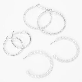 Silver Twisted Graduated Hoop Earrings - 3 Pack,
