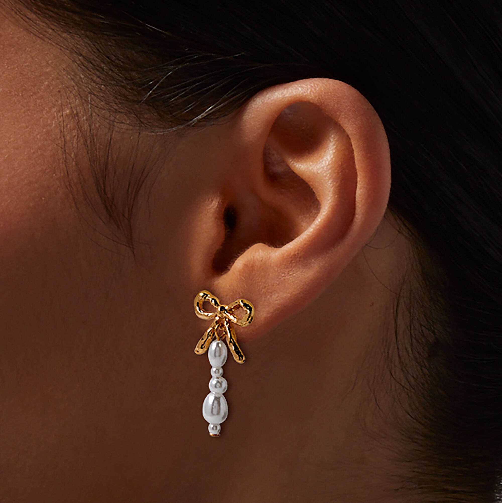 Gold-tone Bow Pearl Drop Earrings,