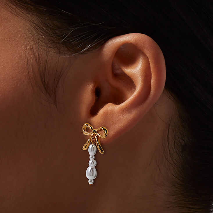 Gold-tone Bow Pearl Drop Earrings,