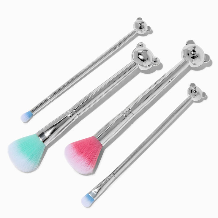 Silver-tone Chrome Bear Makeup Brush Set - 4 Pack,