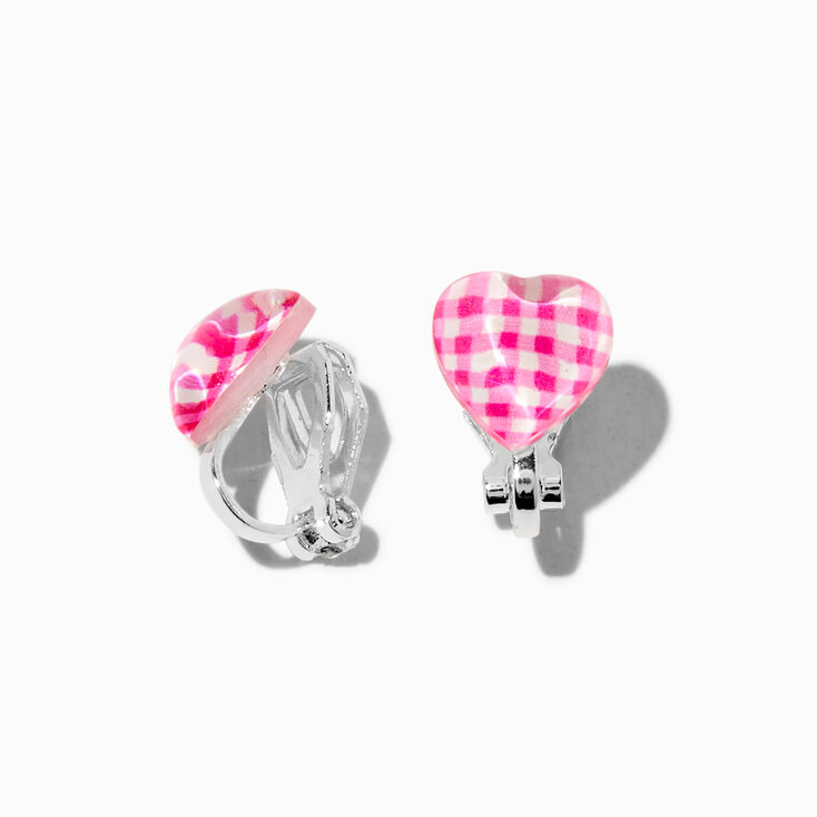 Clous d&#39;oreilles &agrave; clip c&oelig;ur &agrave; carreaux roses,
