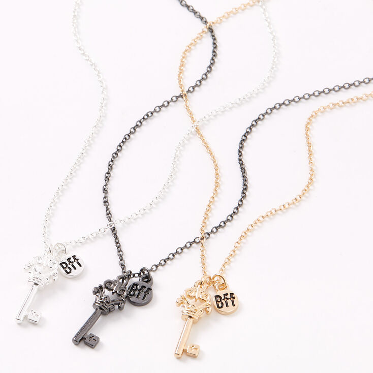 Mixed Metal Best Friends Crown Key Pendant Necklaces - 3 Pack,