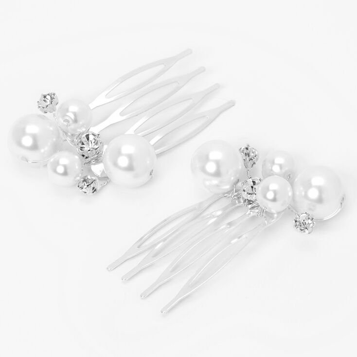 Peignes avec perles d&rsquo;imitation et strass couleur argent&eacute;e - Lot de 2,