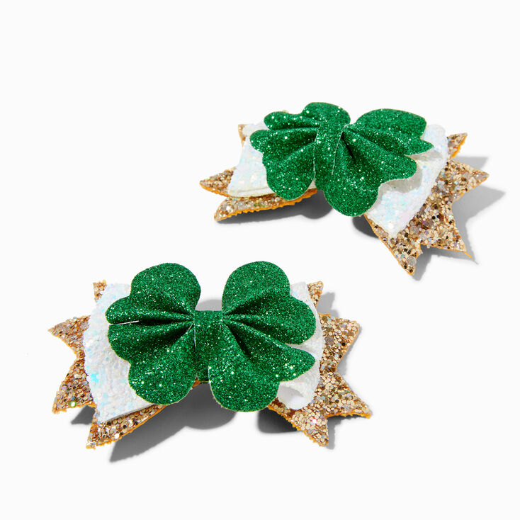 St. Patrick&#39;s Day Shamrocks Glitter Bow Hair Clips - 2 Pack,