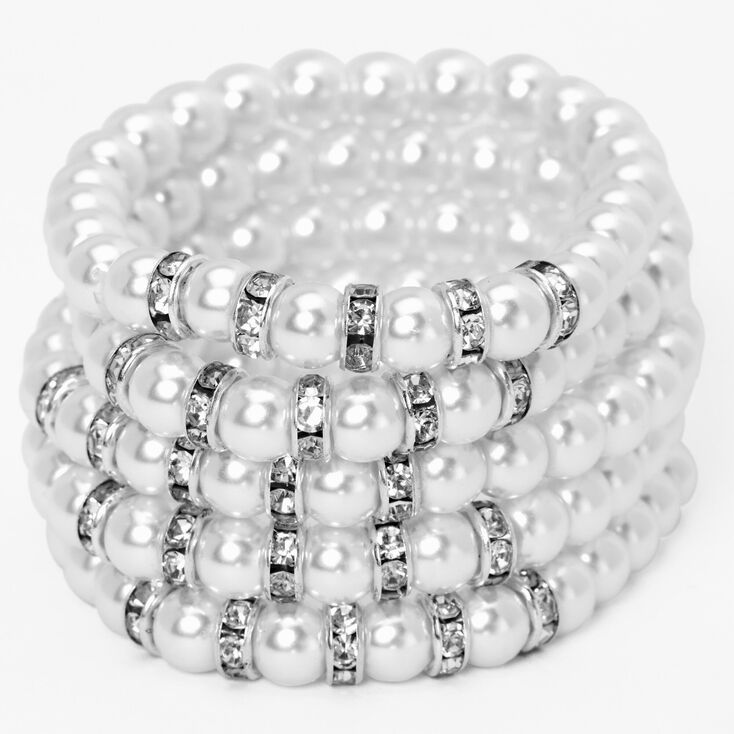 Pearl and Silver-tone Beaded Stretch Bracelets - 5 Pack,