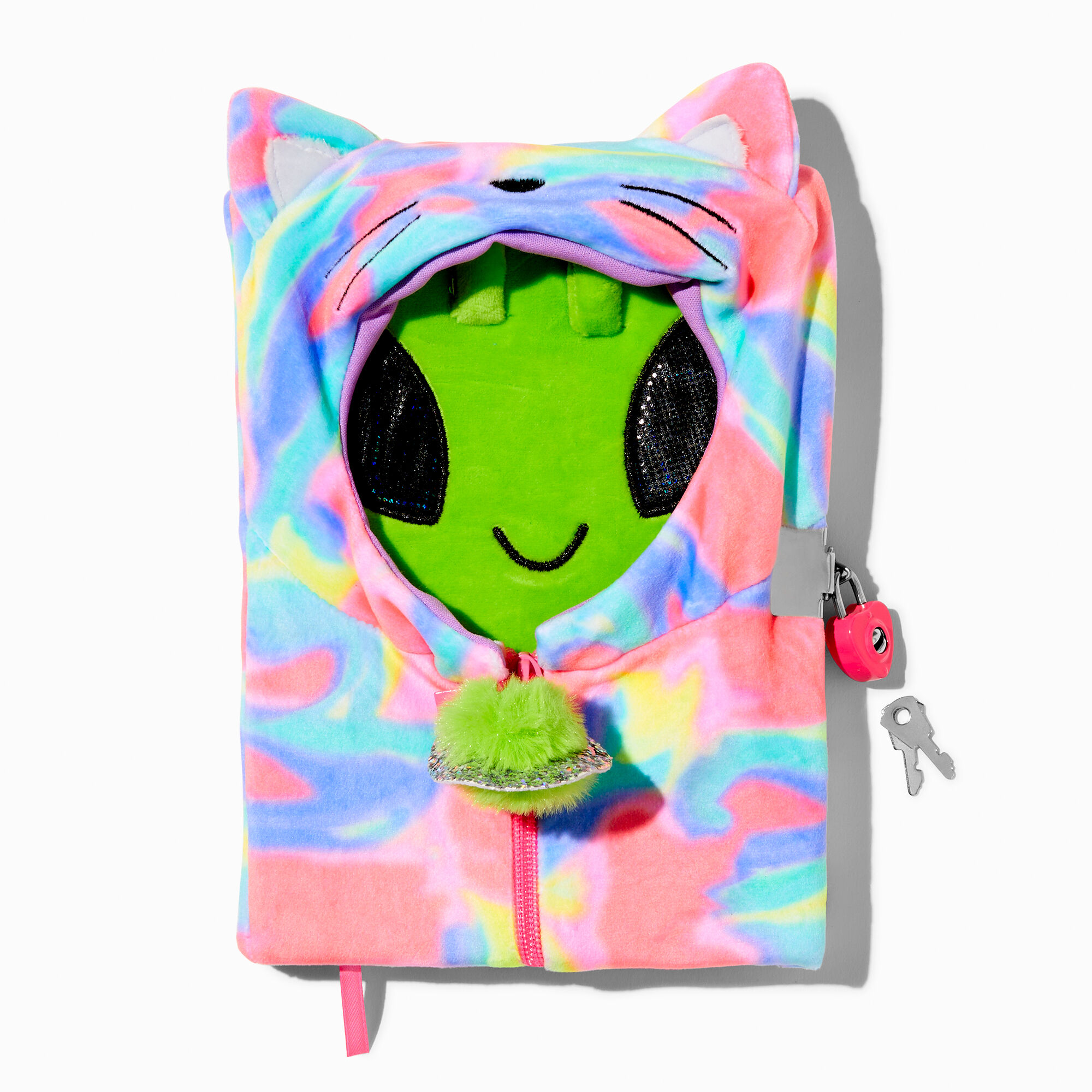 View Claires Tie Dye Cat Hoodie Alien Lock Diary information