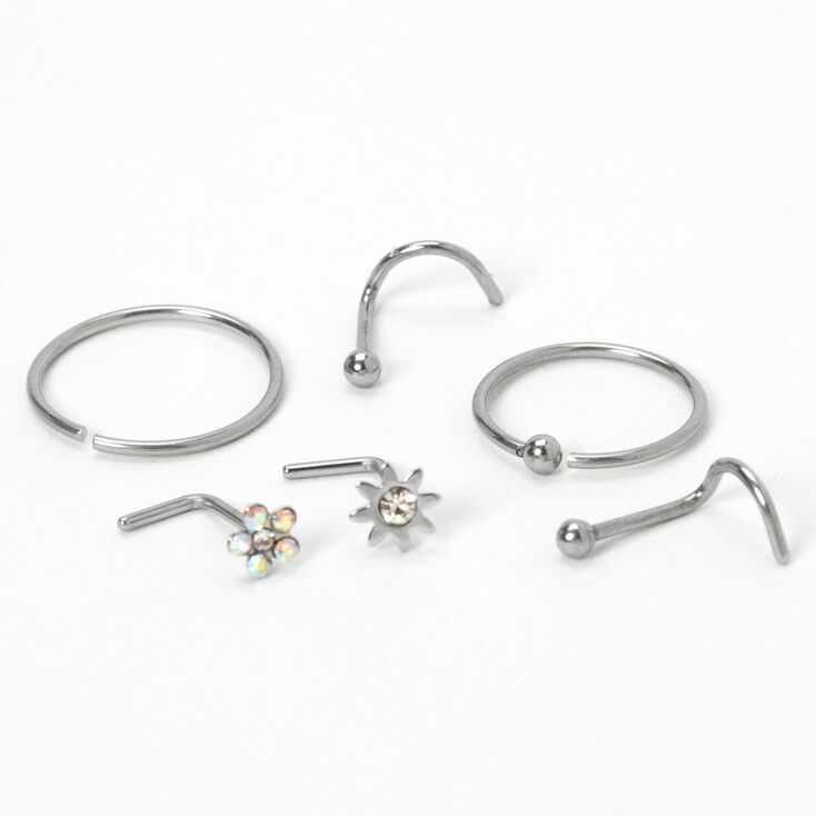 Silver 20G Flower Starburst Mixed Nose Rings - 6 Pack,