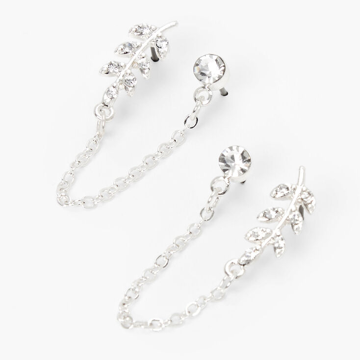 Silver Crystal Leaf Connector Chain Stud Earrings,