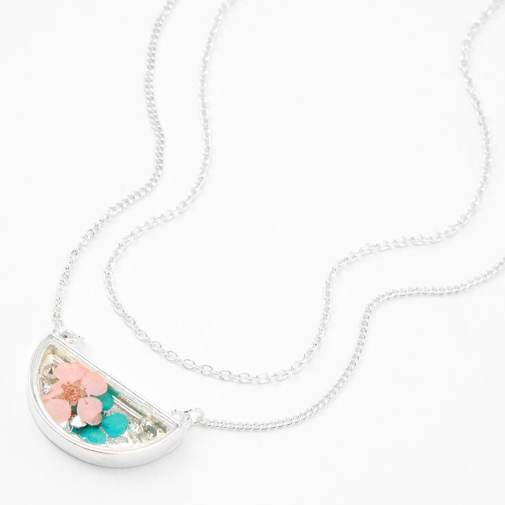 Silver Half Moon Flower Multi Strand Pendant Necklace,
