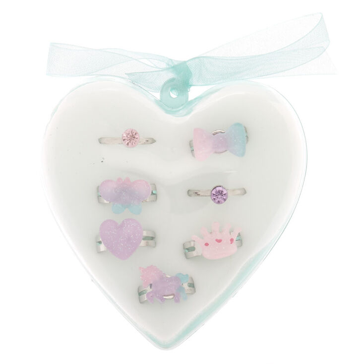 Claire&#39;s Club Ombre Charm Heart Box Rings - Mint, 7 Pack,