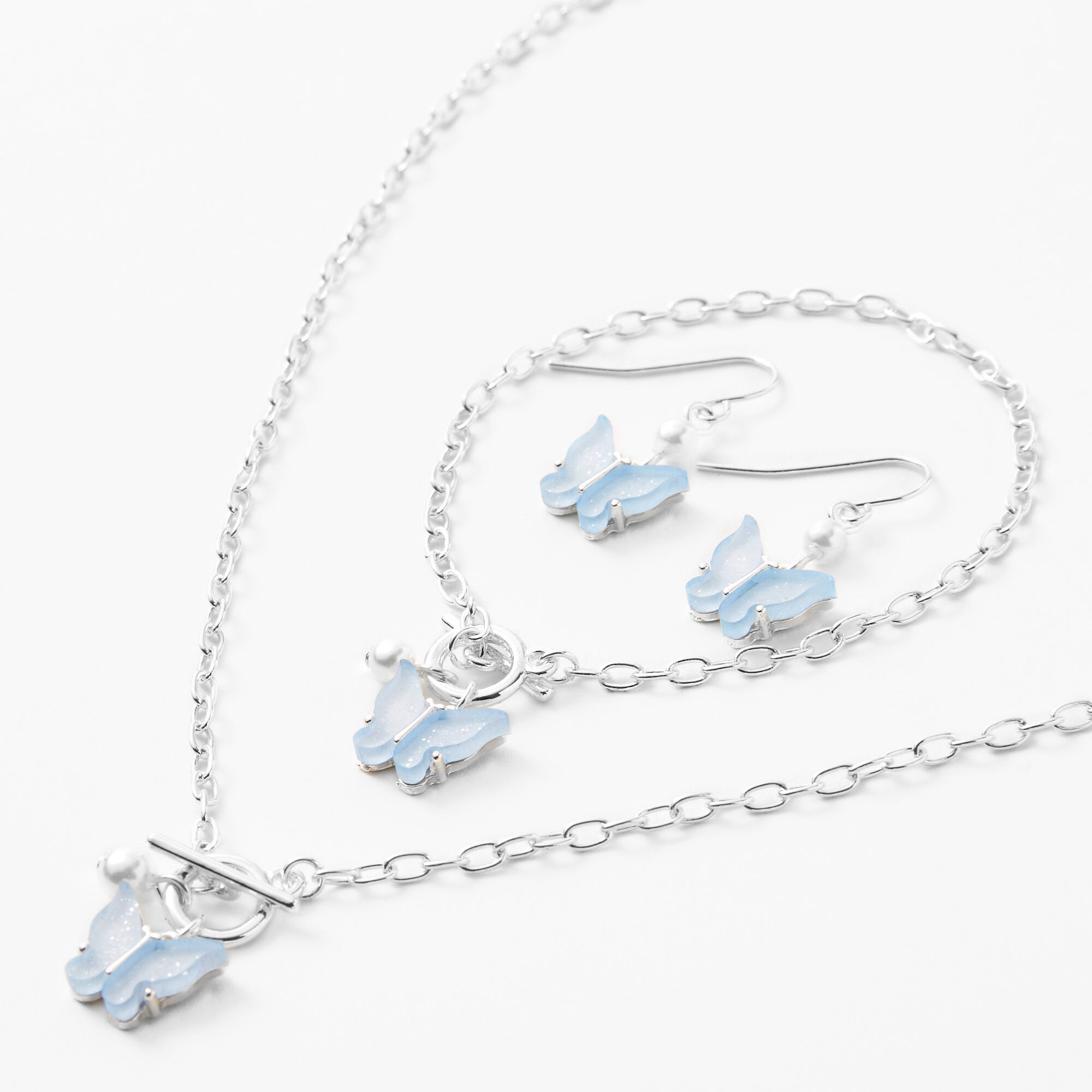 Silver Light Blue Butterfly Pendant Necklace Bracelet Earrings Set 3 Pack