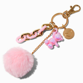 Pink Pom Pom Chrome Teddy Bear Charm Keychain,