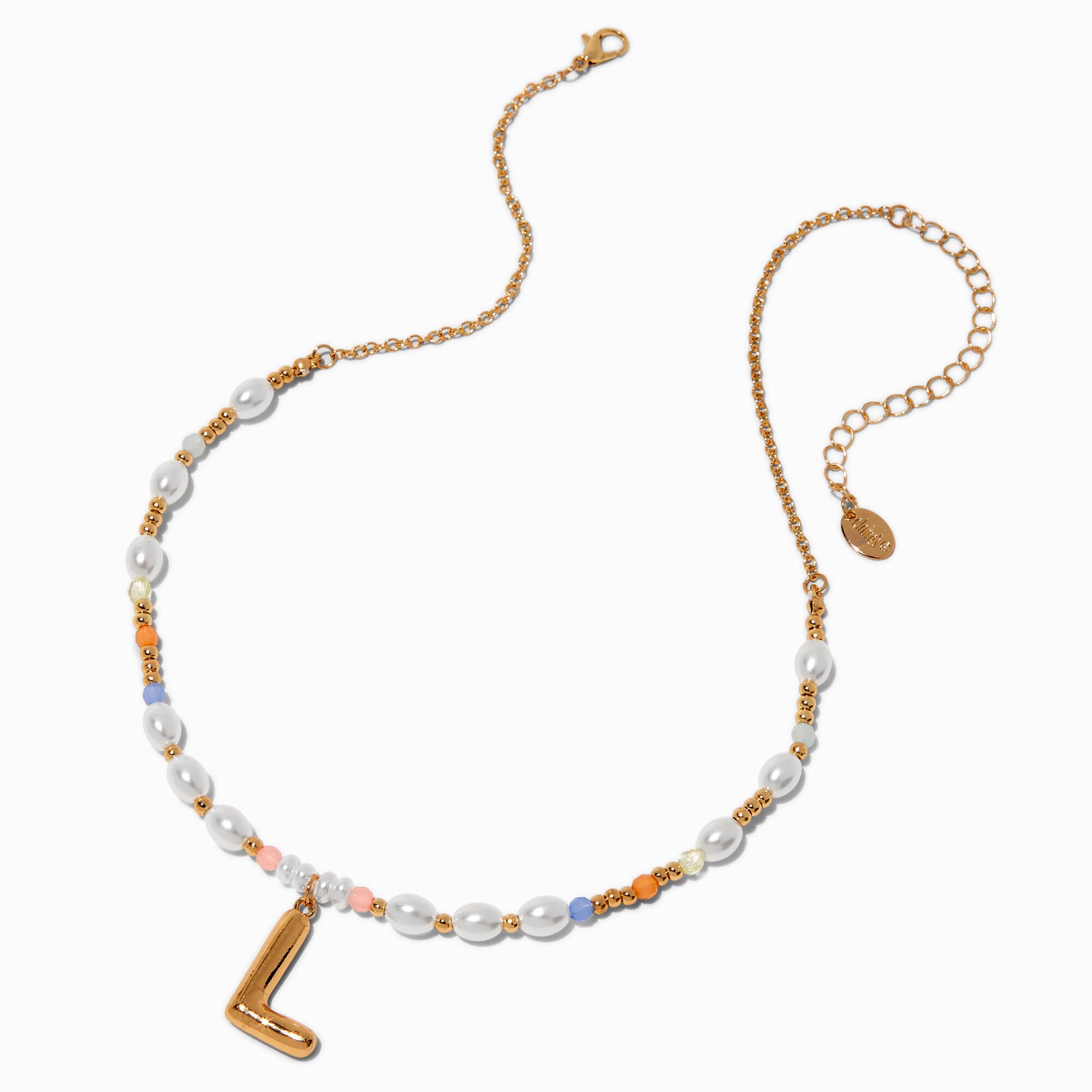 Gold-tone Bubble Initial Pastel Beaded Pendant Necklace - L,