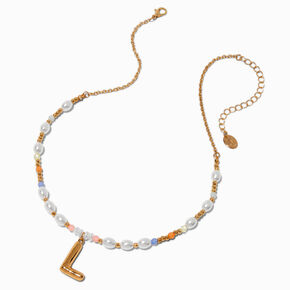Gold-tone Bubble Initial Pastel Beaded Pendant Necklace - L,