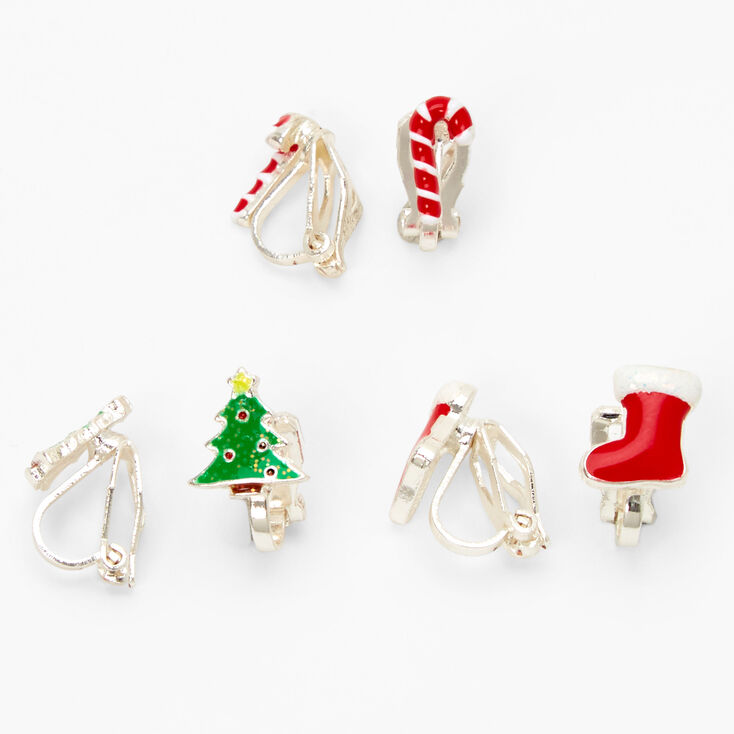 Christmas Silver Motif Clip On Stud Earrings - 3 Pack,