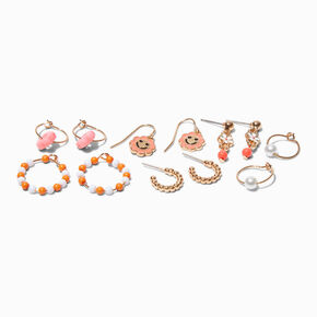 Orange Retro Flower Mixed Hoop &amp; Drop Earrings - 6 Pack,