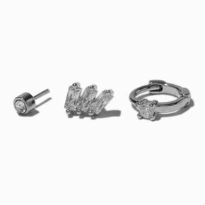 Silver-tone Stainless Steel Cubic Zirconia 18G Stud &amp; Hoop Threadless Cartilage Earrings - 3 Pack,