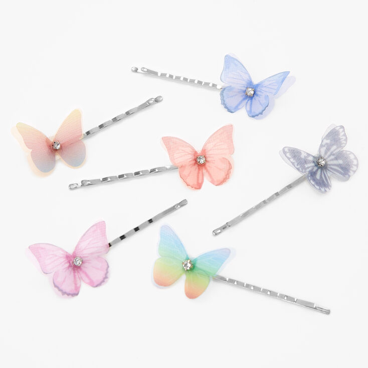Silver Faux Crystal Pastel Butterfly Hair Pins - 6 Pack,