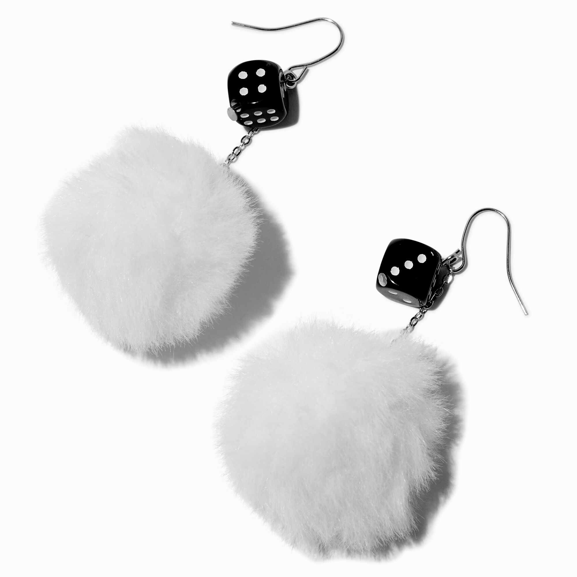View Claires Black Dice Pom 3 Drop Earrings White information