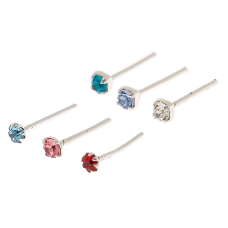 22G Sterling Silver Rainbow Crystal Nose Studs - 6 Pack,