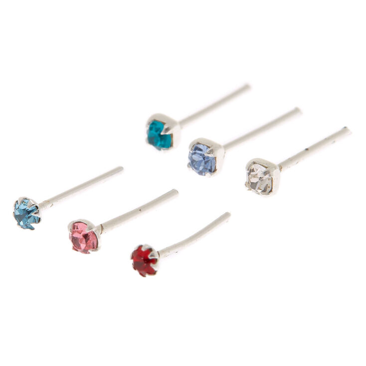 Sterling Silver 22G Rainbow Crystal Nose Studs - 6 Pack,