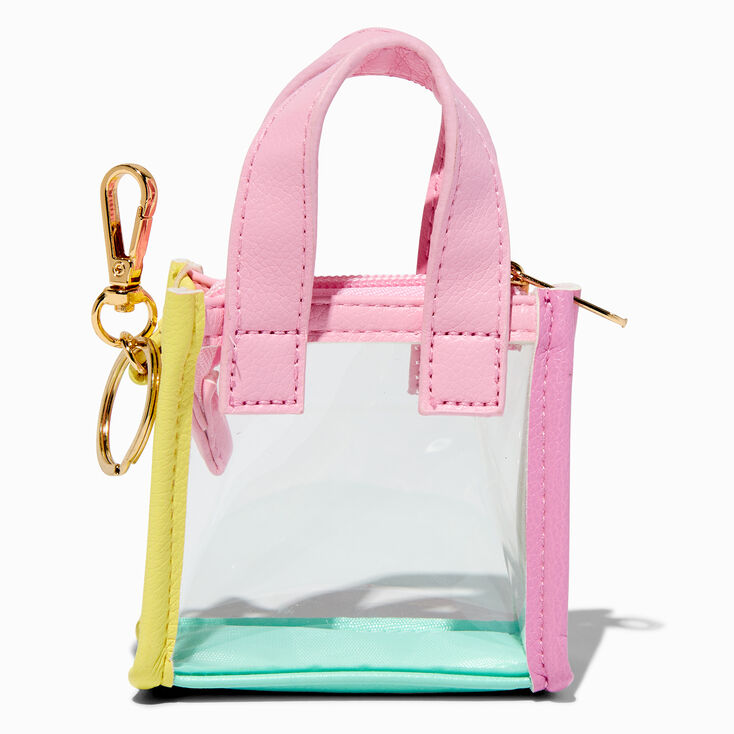 Porte-cl&eacute;s mini sac cabas transparent color block pastel,