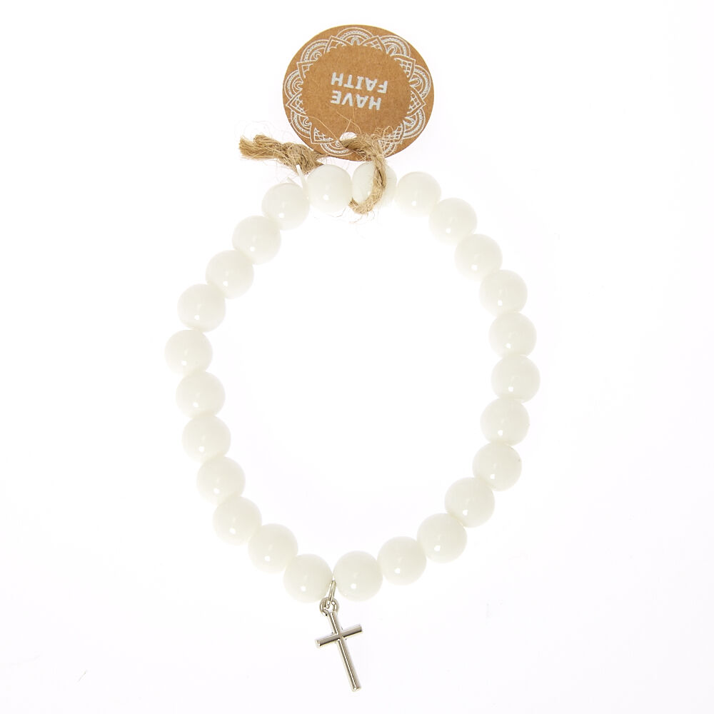 Beaded Have Faith Stretch Bracelet - White,