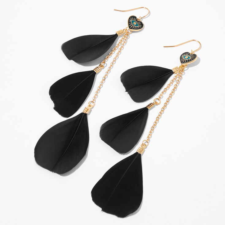 Gold Evil Eye 4&quot; Black Feather Drop Earrings,