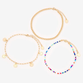 Gold Beaded &amp; Happy Face Chain Anklets &#40;3 Pack&#41;,