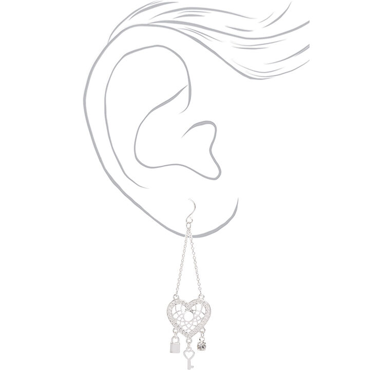Silver 2.5&quot; Heart Dreamcatcher Drop Earrings,
