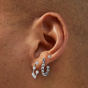 Silver-tone Twisted Pearl Hoop Earring Stack - 3 Pack,