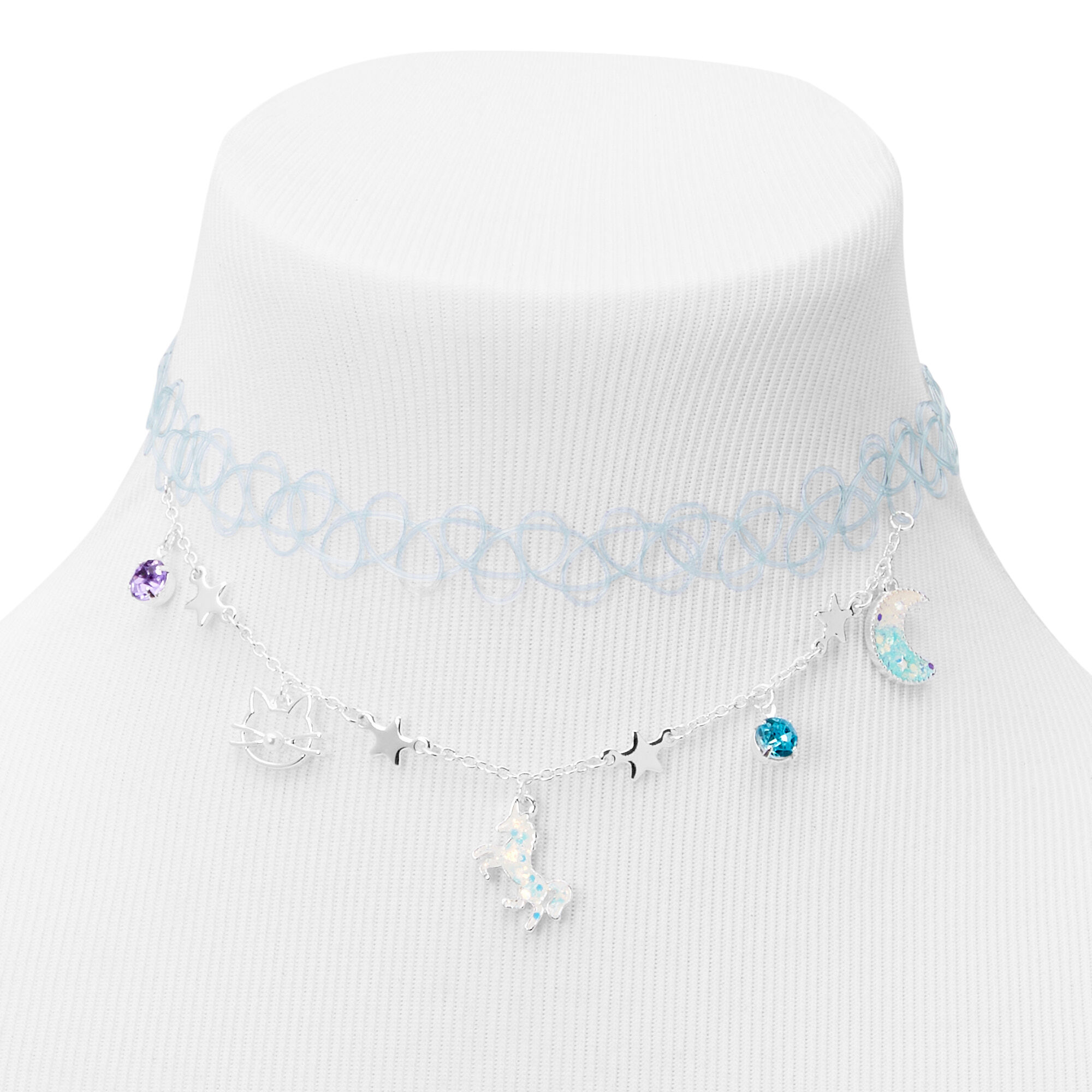 Blue Unicorn & Star Tattoo Choker &  Chain Charm Necklace,