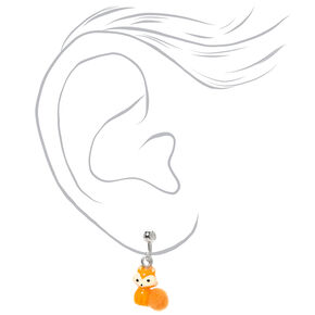 Silver 0.5&quot; Farrah the Fox Pom Pom Clip On Drop Earrings - Orange,