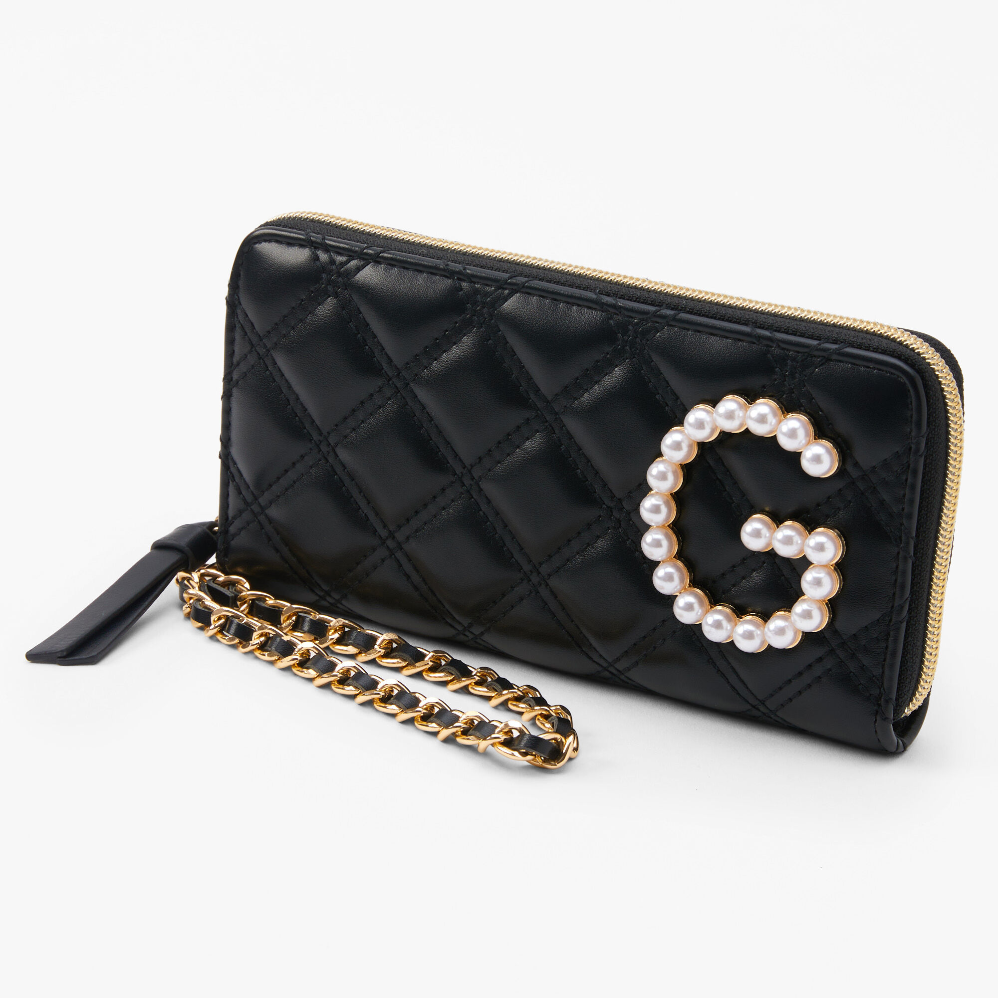 Claire's Pochette poignet à initiale avec perles d’imitation - Noir, G