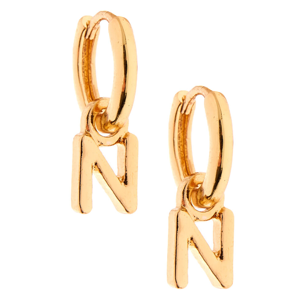 Gold 10MM Initial Huggie Hoop Earrings - N,