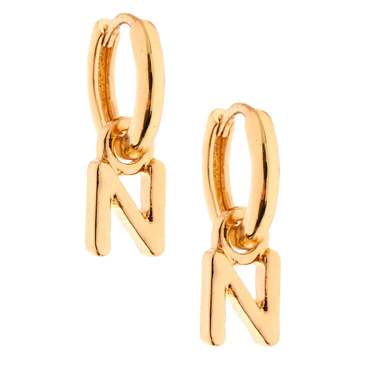 Gold 10MM Initial Huggie Hoop Earrings - N,