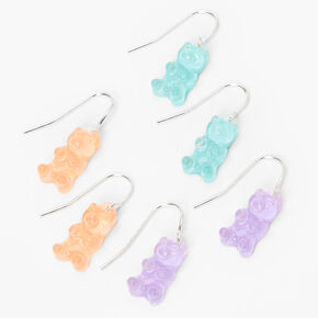 Silver 1&#39;&#39; Glow In The Dark Pastel Gummy Bear Drop Earrings - 3 Pack,