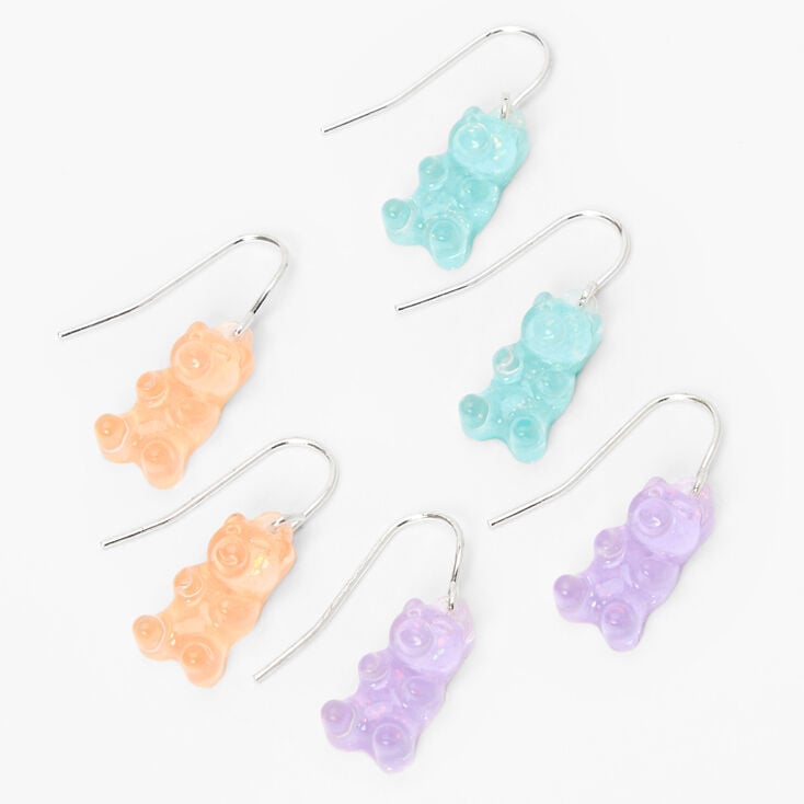 Silver 1&#39;&#39; Glow In The Dark Pastel Gummy Bear Drop Earrings - 3 Pack,